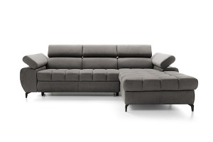 Narożnik rozkładany z funkcją spania Pernes L-kształtny z regulowanymi zagłówkami i podłokietnikami oraz pojemnikiem ciemnoszary velvet łatwoczyszczący prawostronny HOMEBOOK