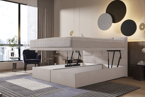 Łóżko kontynentalne 180x200 cm Mercatale z pojemnikami kremowy welur HOMEBOOK