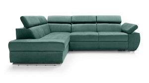 Narożnik rozkładany z funkcją spania Ararip 268 cm L-kształtny z regulowanymi zagłówkami i pojemnikiem zielony welur hydrofobowy lewostronny HOMEBOOK