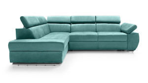 Narożnik rozkładany z funkcją spania Ararip 268 cm L-kształtny z regulowanymi zagłówkami i pojemnikiem turkusowy welur hydrofobowy lewostronny HOMEBOOK