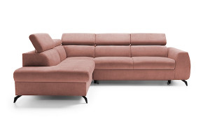 Narożnik rozkładany z funkcją spania Hazryn L-kształtny z regulowanymi zagłówkami i pojemnikiem różowy welur łatwoczyszczący lewostronny HOMEBOOK