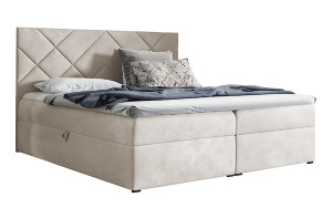 Łóżko kontynentalne Mubappa 140x200 z dwoma pojemnikami, materacem i topperem szarobeżowe hydrofobowe HOMEBOOK