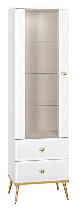 Witryna jednodrzwiowa Darrby 55 cm z dwiema szufladami biała/biały połysk ze złotymi nogami z led HOMEBOOK