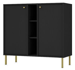 Komoda dwudrzwiowa Oktio z półkami 100 cm czarny grafit na złotych nogach Wyprzedaż