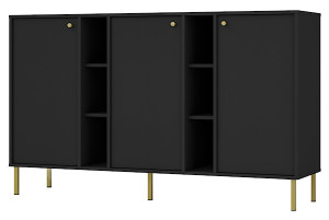 Komoda trzydrzwiowa Oktio z półkami 159 cm czarny grafit na złotych nogach Wyprzedaż