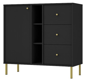 Komoda jednodrzwiowa Oktio z trzema szufladami i półkami 100 cm czarny grafit na złotych nogach Wyprzedaż