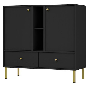 Komoda dwudrzwiowa Oktio z dwiema szufladami i półką 100 cm czarny grafit na złotych nogach Wyprzedaż