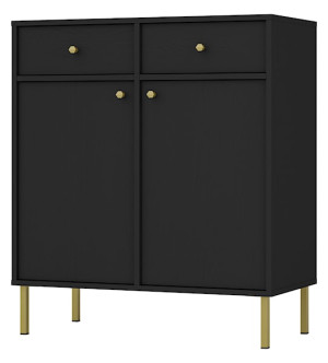 Komoda dwudrzwiowa Oktio z dwiema szufladami 84 cm czarny grafit na złotych nogach Wyprzedaż