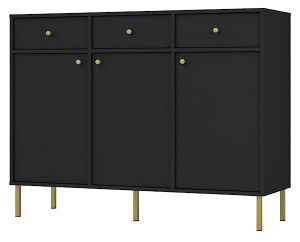 Komoda trzydrzwiowa Oktio z trzema szufladami 125 cm czarny grafit na złotych nogach Wyprzedaż