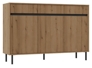 Komoda trzydrzwiowa Osaka z trzema szufladami i ryflowanymi frontami 149 cm dąb evoke na czarnych nogach Wyprzedaż