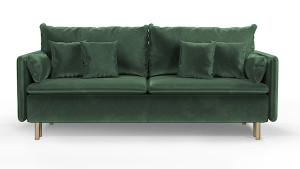 Kanapa z funkcją spania trzyosobowa Gennario z pojemnikiem na złotych nogach butelkowa zieleń welur łatwoczyszczący HOMEBOOK kanapa z funkcją spania