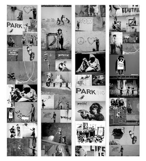 Tapeta Szary kolaż Banksy 1000x50 cm Wyprzedaż