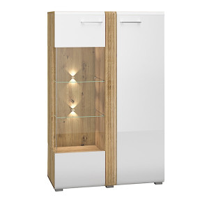 Witryna dwudrzwiowa Fandri 92 cm lewostronna Dąb castello / Biały połysk z oświetleniem