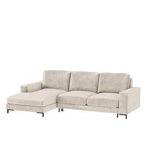 Narożnik rozkładany z funkcją spania Mokpeo L-kształtny z dwoma pojemnikami na czarnych nóżkach jasnobeżowy w tkaninie łatwoczyszczącej lewostronny HOMEBOOK