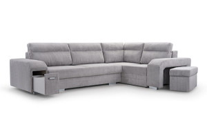 Narożnik rozkładany z funkcją spania Umill L-kształtny z pojemnikiem z barkiem i pufą szary sztruks prawostronny HOMEBOOK