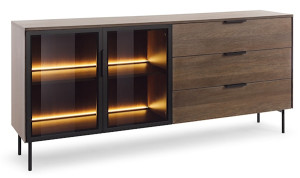 Komoda dwudrzwiowa przeszklona Lumi z trzema szufladami z oświetleniem 181 cm dąb dunin Wyprzedaż