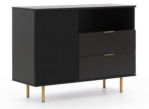 Komoda jednodrzwiowa Klazby 107 cm z dwiema szufladami i półką czarny mat lamele Wyprzedaż