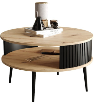 Stolik kawowy Piviano okrągły 76 cm Dąb artisan z ryflowanym czarnym bokiem Wyprzedaż