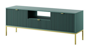 Szafka RTV Vellore 154 cm zielona z ryflowanymi frontami, złotymi uchwytami i stelażem