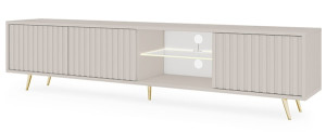 Szafka RTV trzydrzwiowa Bello z lamelowymi frontami i szklaną półką z oświetleniem LED 175 cm kaszmir na złotych nóżkach Wyprzedaż