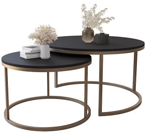 Zestaw dwóch stolików kawowych Sabello okrągłe 80 i 60 cm Czarny mat na złotych nogach Wyprzedaż