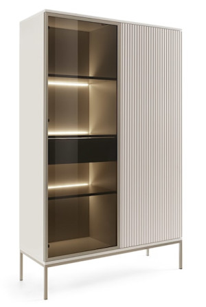 Witryna wysoka Tosena dwudrzwiowa z szufladą i oświetleniem LED 104 cm Kaszmir Wyprzedaż