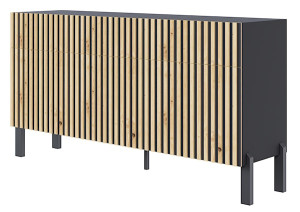 Komoda trzydrzwiowa Telire 154 cm z trzema szufladami i lamelowym frontem czarna/dąb artisan