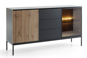 Komoda Tosena dwudrzwiowa z szufladami i oświetleniem LED 154 cm Czarny/Dąb wotan Wyprzedaż