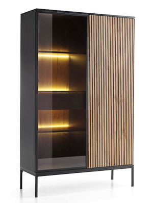 Witryna wysoka Tosena dwudrzwiowa z szufladą i oświetleniem LED 104 cm Czarny/Dąb wotan Wyprzedaż