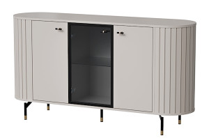 Komoda trzydrzwiowa Zante z ryflami i szklanym frontem 150 cm szary beż Wyprzedaż