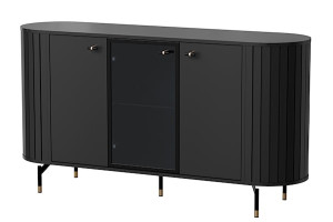 Komoda trzydrzwiowa Zante z ryflami i szklanym frontem 150 cm czarna Wyprzedaż