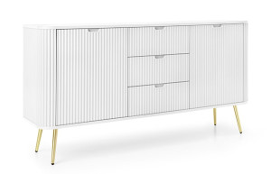 Komoda dwudrzwiowa Zova z trzema szufladami i lamelowymi frontami 168 cm Biała ze złotymi nogami Wyprzedaż