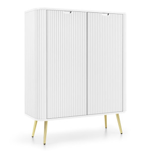 Komoda wysoka Zova dwudrzwiowa z lamelowymi frontami 103 cm Biała ze złotymi nogami Wyprzedaż