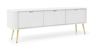 Szafka RTV Zova trzydrzwiowa z lamelowymi frontami 168 cm Biała ze złotymi nogami Wyprzedaż