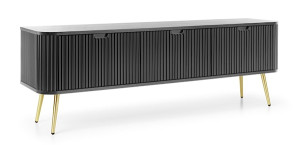 Szafka RTV Zova trzydrzwiowa z lamelowymi frontami 168 cm Czarna ze złotymi nogami Wyprzedaż