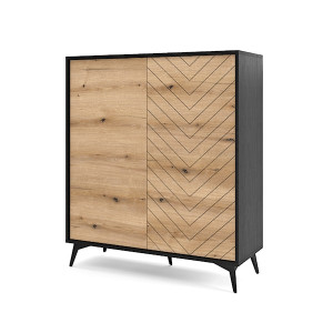 Komoda wysoka dwudrzwiowa Boulia 104 cm czarna/dąb Evoke jodełka HOMEBOOK