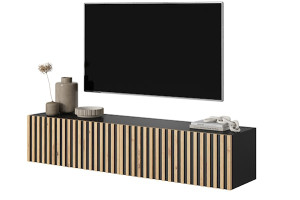 Szafka RTV Telire 140 cm czarna z lamelowym frontem dąb artisan HOMEBOOK