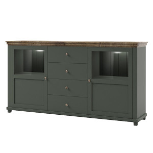 Komoda dwudrzwiowa Euglia 181 cm z szufladami zielona z blatem dąb Lefkas HOMEBOOK