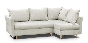 Narożnik rozkładany z funkcją spania Lafre z pojemnikiem beżowy prawostronny w tkaninie hydrofobowej plecionka nogi buk HOMEBOOK