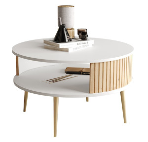 Stolik kawowy Piviano okrągły 76 cm biały/dąb artisan ze złotymi nóżkami lamele Wyprzedaż