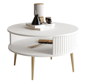Stolik kawowy Piviano okrągły 76 cm biały ze złotymi nóżkami lamele Wyprzedaż