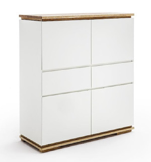 Komoda wysoka Bridder biały mat/lity dąb z szafkami i szufladami Wyprzedaż