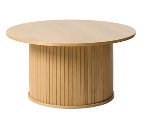 Okrągły stolik drewniany Gativel 90 cm z okrągłą podstawą lamele naturalny dąb HOMEBOOK