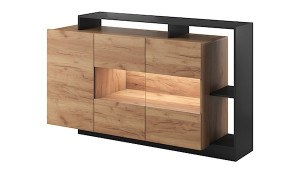 Komoda trzydrzwiowa Hirvli 155 cm dąb Craft złoty/antracyt z oświetleniem HOMEBOOK