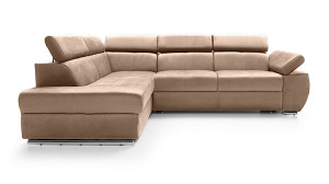 Narożnik rozkładany z funkcją spania Ararip 268 cm L-kształtny z regulowanymi zagłówkami i pojemnikiem beżowy welur hydrofobowy lewostronny HOMEBOOK