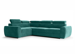 Narożnik rozkładany z funkcją spania Danles L-kształtny z pięcioma regulowanymi zagłówkami i pojemnikiem turkusowy welur hydrofobowy lewostronny HOMEBOOK