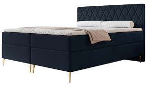 Łóżko kontynentalne 160x200 cm Caresso z materacem bonellowym i topperem granatowe welur hydrofobowy Wyprzedaż
