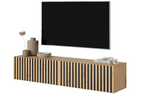 Szafka RTV Telire 140 cm dąb artisan z lamelowym frontem i czarnymi wstawkami HOMEBOOK