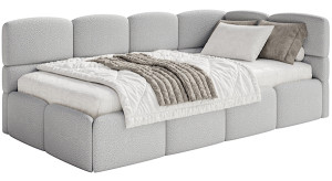 Łóżko młodzieżowe 90x200 cm Cloudy prawostronne z pojemnikiem szarobeżowe boucle Wyprzedaż