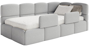 Łóżko młodzieżowe 90x200 cm Cloudy prawostronne z pojemnikiem i barierkami szarobeżowe boucle Wyprzedaż